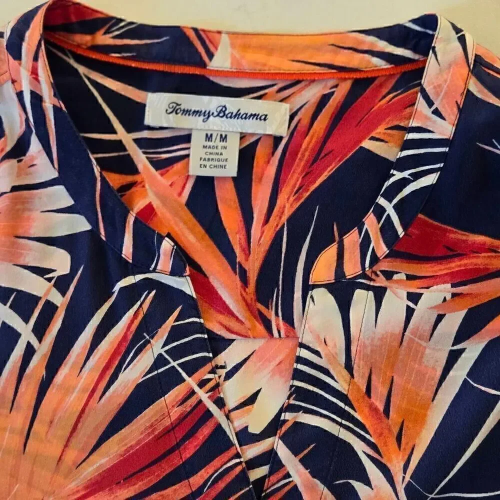 Tommy Bahama Womens Long Sleeve Tropical Silk Blouse Coral Navy Blue Medium